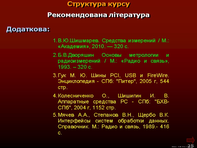 Додаткова: М.Кононов © 2009  E-mail: mvk@univ.kiev.ua 25  Рекомендована література  Структура курсу